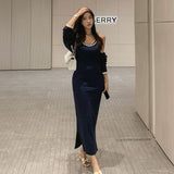 Women Dresses U Collar Knitted Dress Slim Fit Long Dress