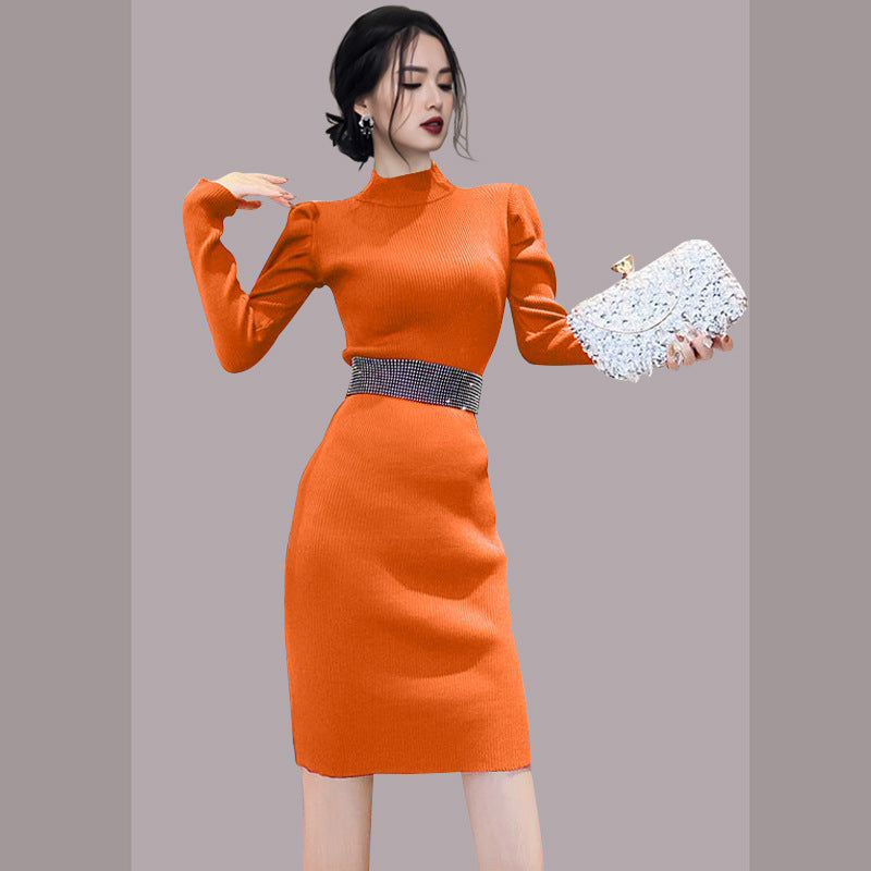Women Maxi Dress Autumn and Winter Turtleneck Slim Knit Dress Sweater Sheath Dress