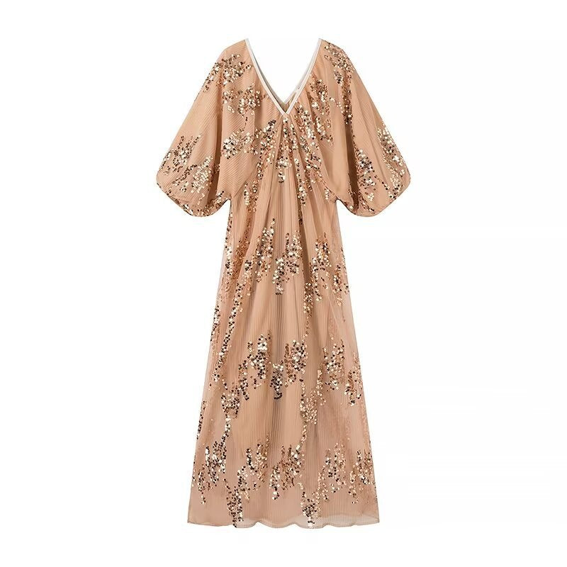 Women Dresses Summer Batwing Sleeve V-neck Long Dress (Xds0414)