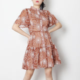 Women Dresses Summer Retro Short Sleeve Dress Stand Collar Single-Breasted Skirt (Qymy0409)