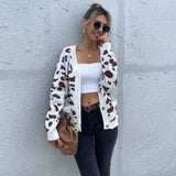 Women Knitted Sweater Coat Autumn Leopard Print V-neck