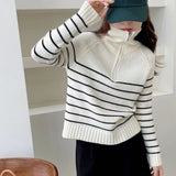 Women Knitted Pullover Vintage Zipper Spring and Autumn Polo Collar Stripes Knitted Top