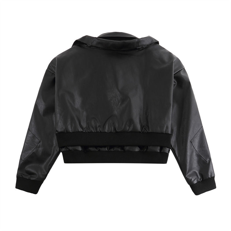 Women Jacket Ribbed Short Leather Jacket Women Zipper Jacket Coat