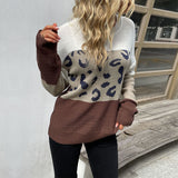 Women Knitted Sweater Autumn and Winter Leisure Women's Long Sleeve Leopard Print Contrast Color Sweater