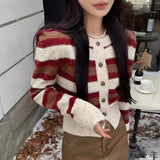 Women Knitwear Spring and Autumn Stripes round Neck Sweater Short Knitted Cardigan