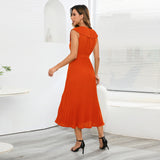 Women Date Dress Chiffon Pleated Dress Slim Fit Elegant Solid Color V-neck Dress