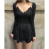 Women Dresses Lace V-neck Brace Dress Short Skirt Cardigan Long Sleeve Coat