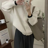 Women Knitted Cardigan round Neck Solid Color Knitted Button Cardigan Loose Casual Sweater Coat