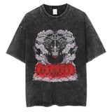 Men Washed T Shirt Black Japanese Anime Graphic Print TShirt