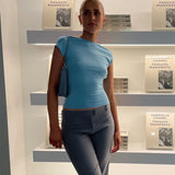 Women Knit Top Tight Short Sleeve Navel Turtleneck T-shirt