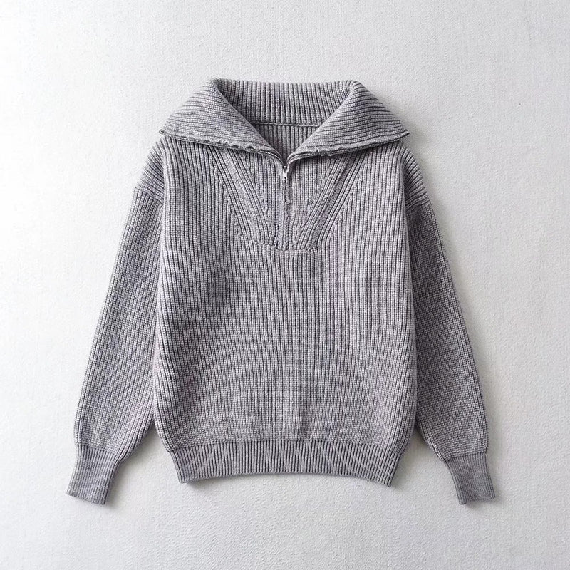 Women Sweater Knitwear Zipper and Lapel Sweater Sweater