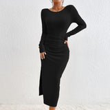 Women Dress Autumn Winter Sexy Backless Crew Neck Long Sleeve Narrow Dress