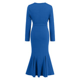 Women Date Dress Knitted Long Sleeve V-neck Lace-up Fishtail Skirt