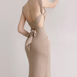 Women Dresses Knitted Sexy Backless Spaghetti Straps Dress Long Dress