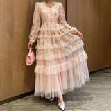 Women Dresses Spring V-neck Voile Embroidered Long Sleeve Dress (Qymy0409)
