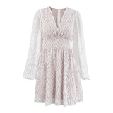 Women Dress Spring V-neck Lantern Sleeve A- line Skirt