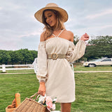 Women Dress Spring/Summer Loose Casual Short Skirt off-Shoulder Braces Long Sleeve Dress