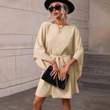 Women Dress round Neck Elastic Waistband Short Skirt Long Sleeve Dress