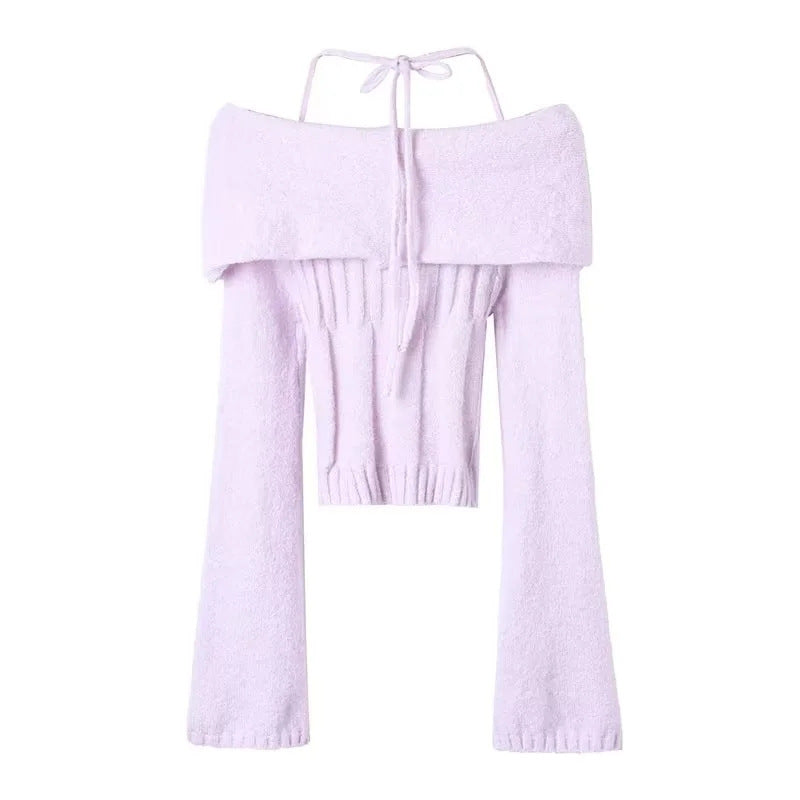 Women Sweater Knitwear Sexy off-Shoulder Sweater Chest Hollow Sweater