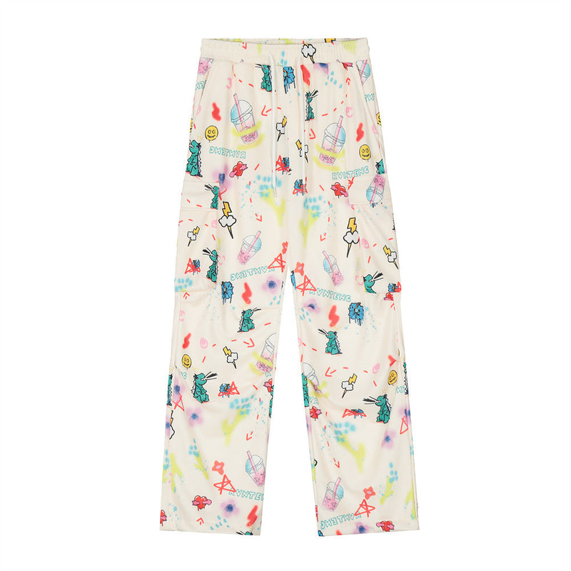 Men Sweatpants Cartoon Hand Drawn Graffiti Printing Casual Pants Loose Cargo Wide-Leg Straight Trousers