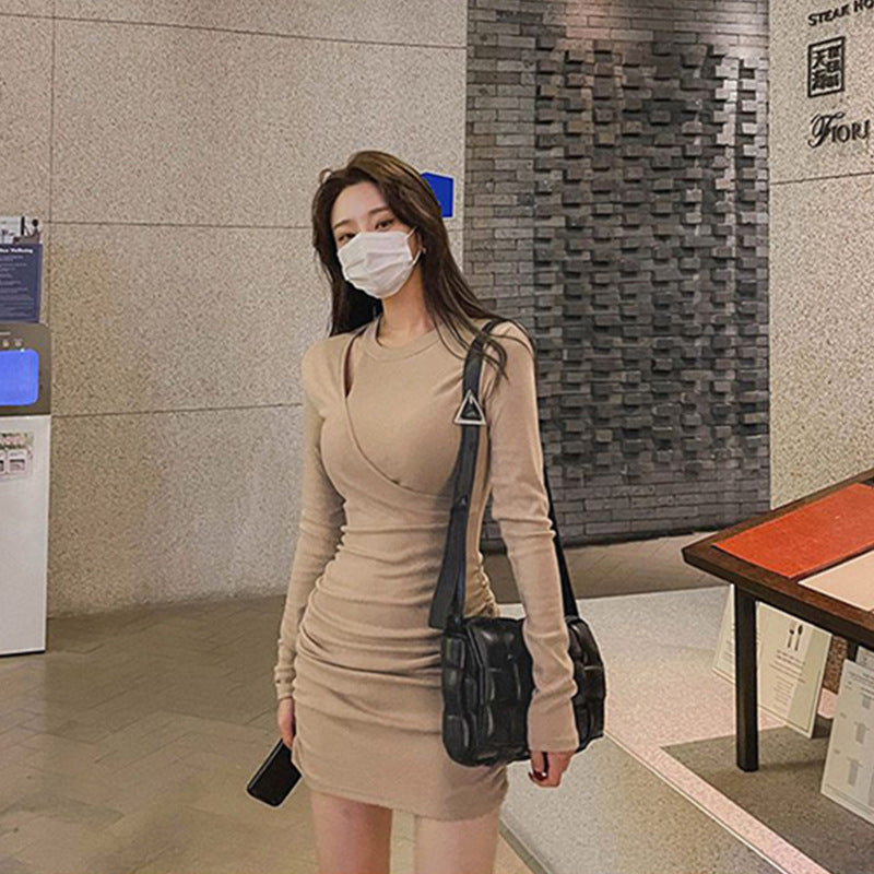 Women Dresses Hollow Dress off-Shoulder Pleated Sexy Hip Skirt