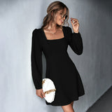 Women Dress Square Collar Long Sleeve Dress