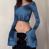 Women T-shirt Summer round Neck Pullover Horn Long Sleeves Cropped Casual