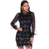 Women Evening Gown Sexy Mesh Long Sleeve Stitching Sequins Dress