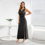 Women Date Dress Sexy Sleeveless V-neck Slit Slim Fit Long Dress