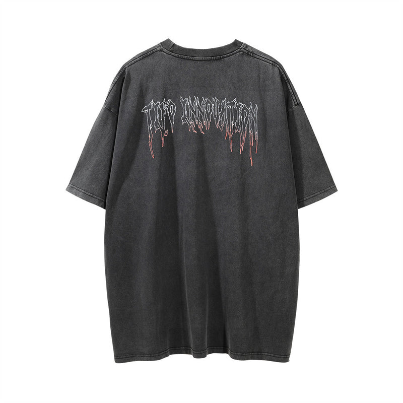 Men Vintage T-Shirt Printed round Neck Short Sleeve T-shirt Men's Loose Casual Distressed Wash