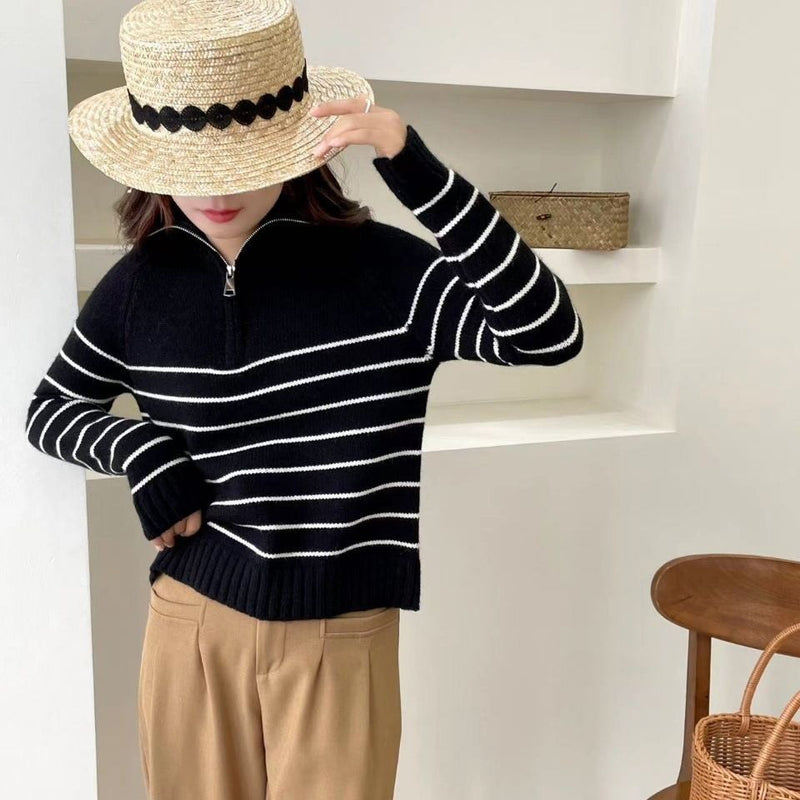 Women Knitted Pullover Vintage Zipper Spring and Autumn Polo Collar Stripes Knitted Top