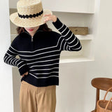 Women Knitted Pullover Vintage Zipper Spring and Autumn Polo Collar Stripes Knitted Top