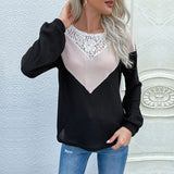 Women Knitted Sweater Autumn Casual Women's Long Sleeve Color Matching Lace round Neck Sweater