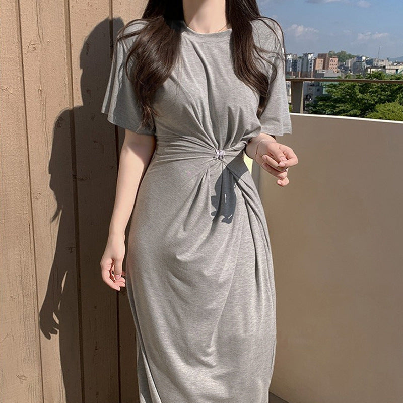 Women Dresses Short Sleeve Button Pleated Dress Loose Long Dress