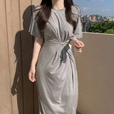Women Dresses Short Sleeve Button Pleated Dress Loose Long Dress