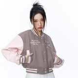 Women Jacket Color Contrast Short Baseball Jacket Stand Collar Embroidery Casual High Waist Jacket