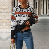 Women Knitted Sweater Casual Leopard Print Long Sleeve Sweater