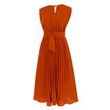 Women Date Dress Summer V-neck Pleated Sleeveless Waist Dress