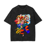 2024 new American washed retro cotton t-shirt Sauron, Luffy, Riman printed washed and old short-sleeved t-shirt