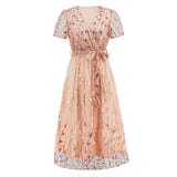 Women Date Dress Slim Fit Embroidered Leaves Sequin Gauze Dress Skirt