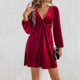 Women Dress Fall/Winter Sexy V-neck Long Sleeve Party Velvet Dress