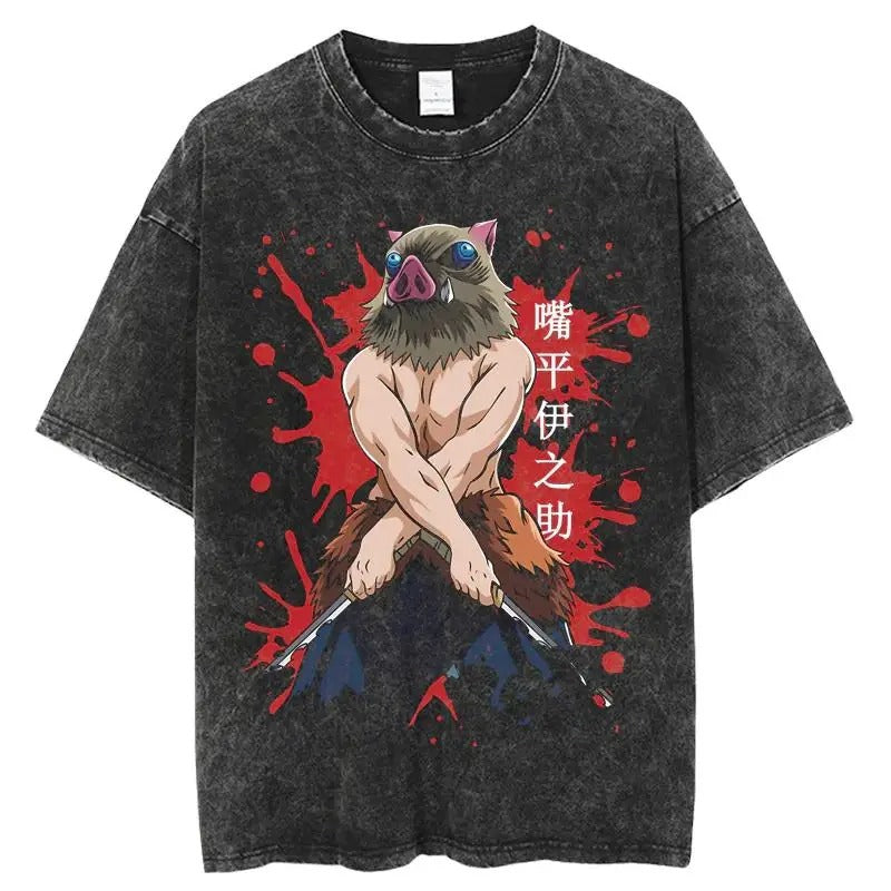 2024Anime Print Japanese Manga Washed T-Shirt Worn Cotton