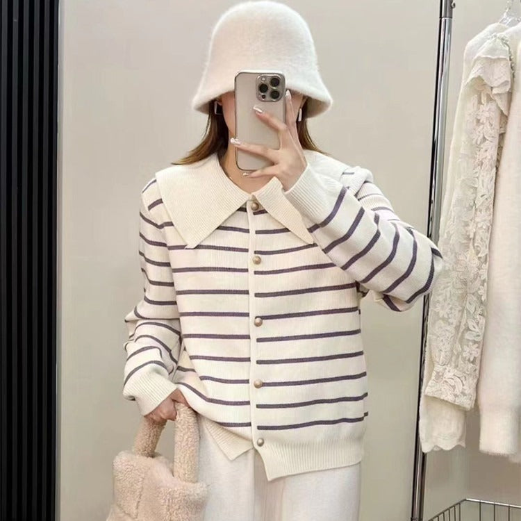 Women Knitwear Autumn and Winter Striped Sweater Loose Knitted Cardigan