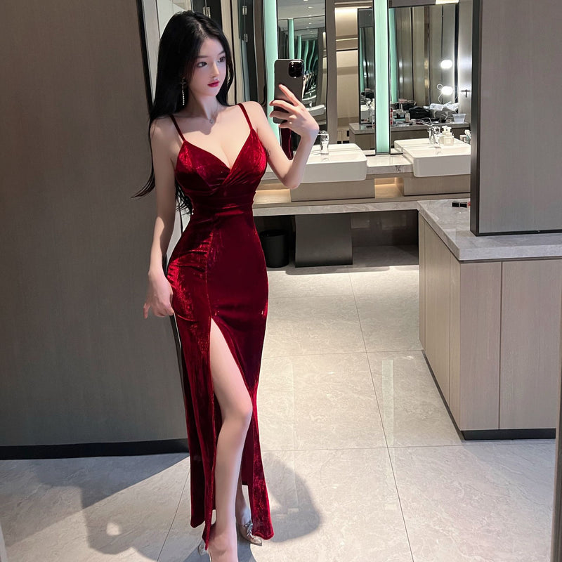 Women Maxi Dress Autumn Winter Sexy Pleuche Spaghetti-Strap Formal Dress Dress
