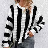Women Knitted Sweater Spring Loose Sweater Striped Hollow out Long Sleeve Sweater Jacket