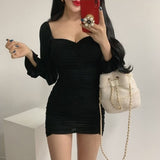 Women Dresses Spring Slim Fit Sheath Sexy Long-Sleeved Bubble Sleeve Dress