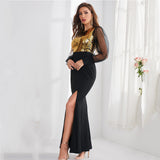 Women Evening Gown Sexy Mesh Long Sleeve Stitching Sequins Dress
