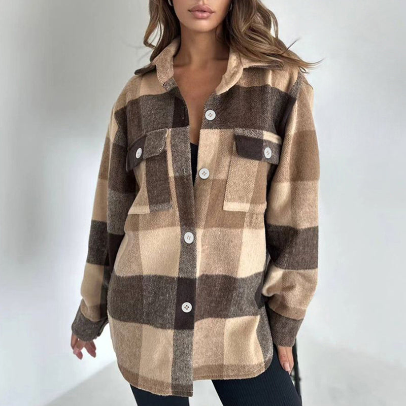 Women Trench Coat Retro Plaid Coat Autumn and Winter Loose