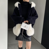 Women Cardigan Sweater Short Woolen Coat Autumn and Winter Long Sleeves Fur Collar Hooded Coat 2t7620