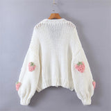 Women Sweater Knitwear Autumn V-neck Lantern Sleeve Pink Strawberry Knitted Cardigan Women's Sweater